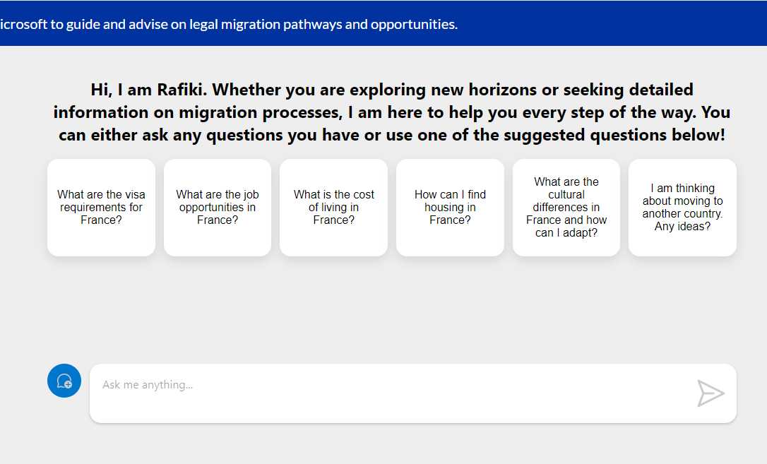 Rafiki, an AI bot designed by IOM and Microsoft to guide and advise on legal migration pathways and opportunities